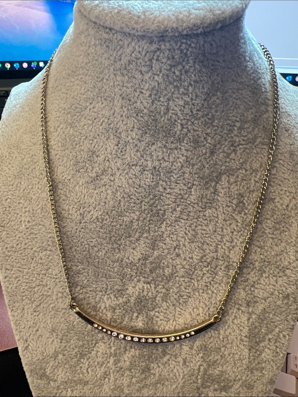 Curved Gold Bar Necklace with Crystal Row - Women Jewelry
